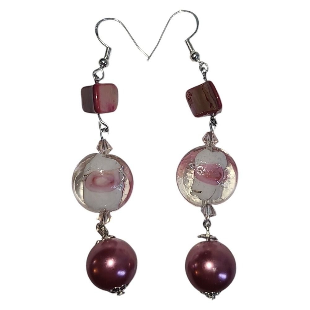 Sterling Silver 925 Rose‎ Art Glass Pink MOP & Faux Pearl Dangle Earrings